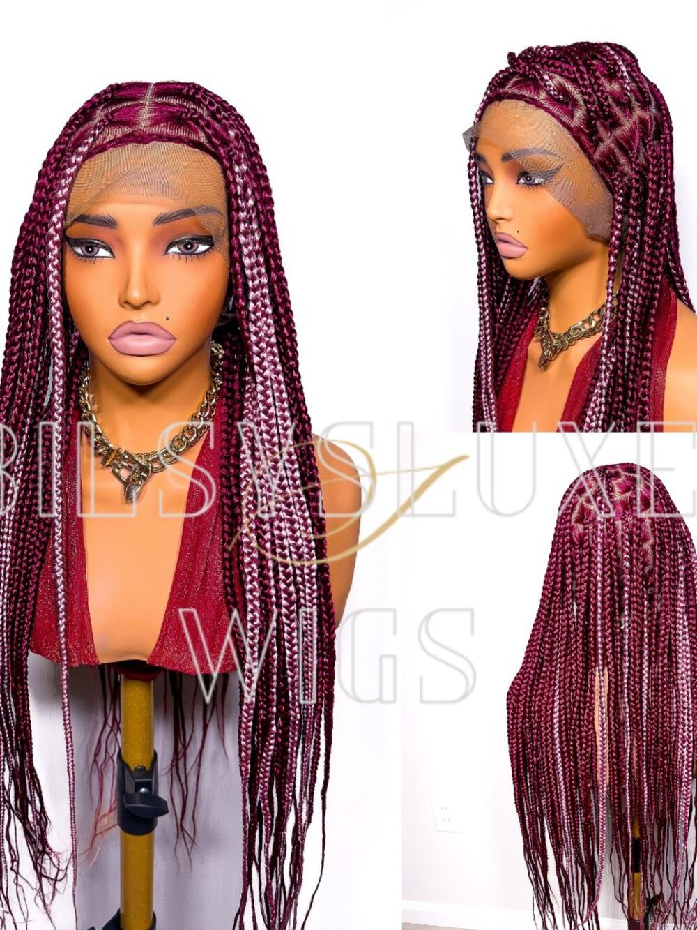 pink and red knotless braided wig 36inches